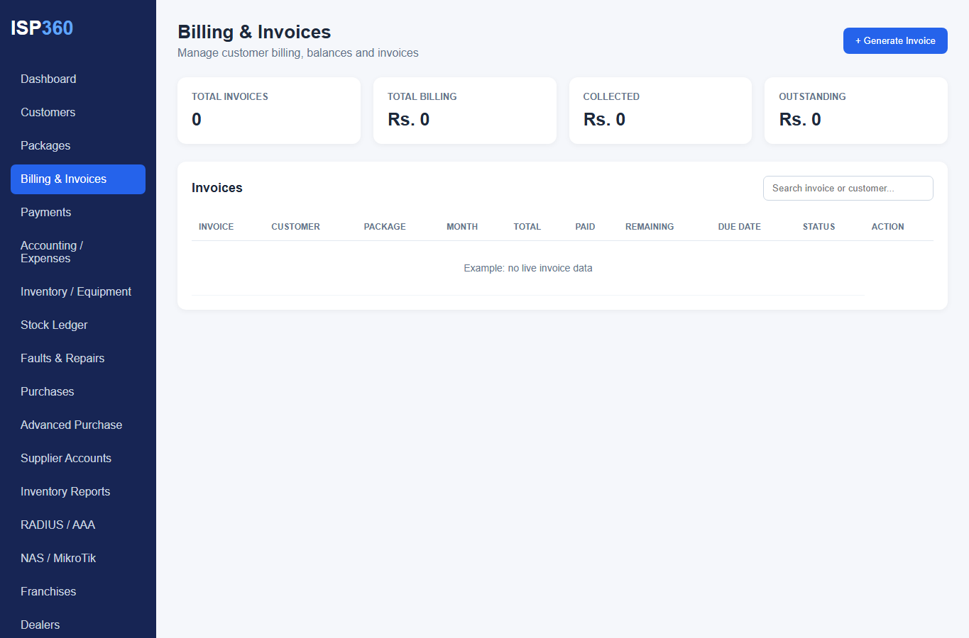 ISP360 Invoices and billing interface layout screenshot with scripts disabled and no live customer data