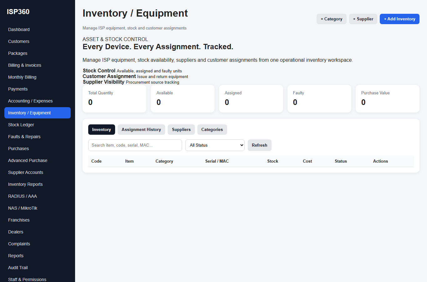 ISP360 Inventory interface layout screenshot with scripts disabled and no live customer data
