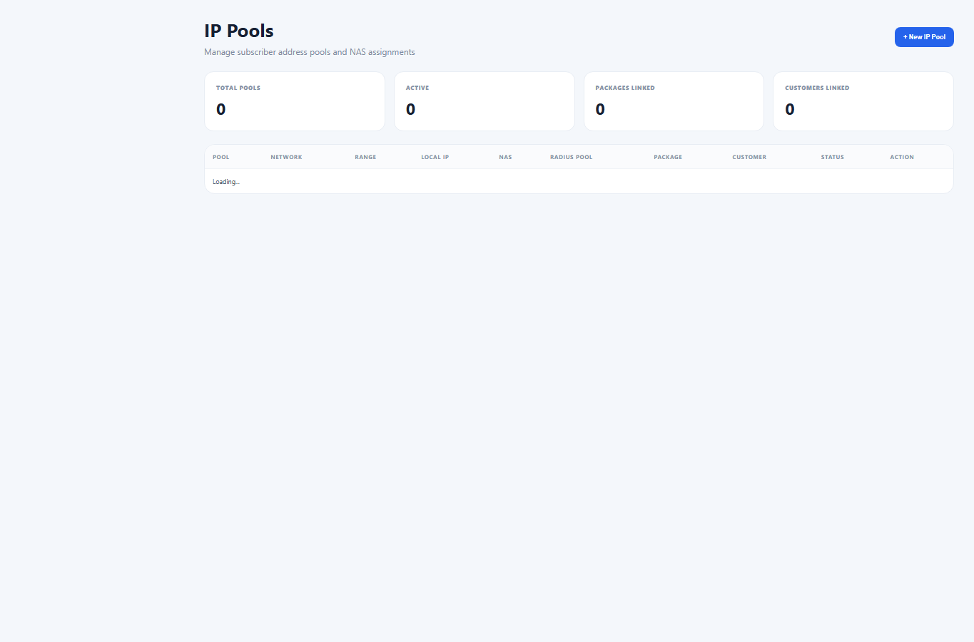 ISP360 IP pools interface layout screenshot with scripts disabled and no live customer data
