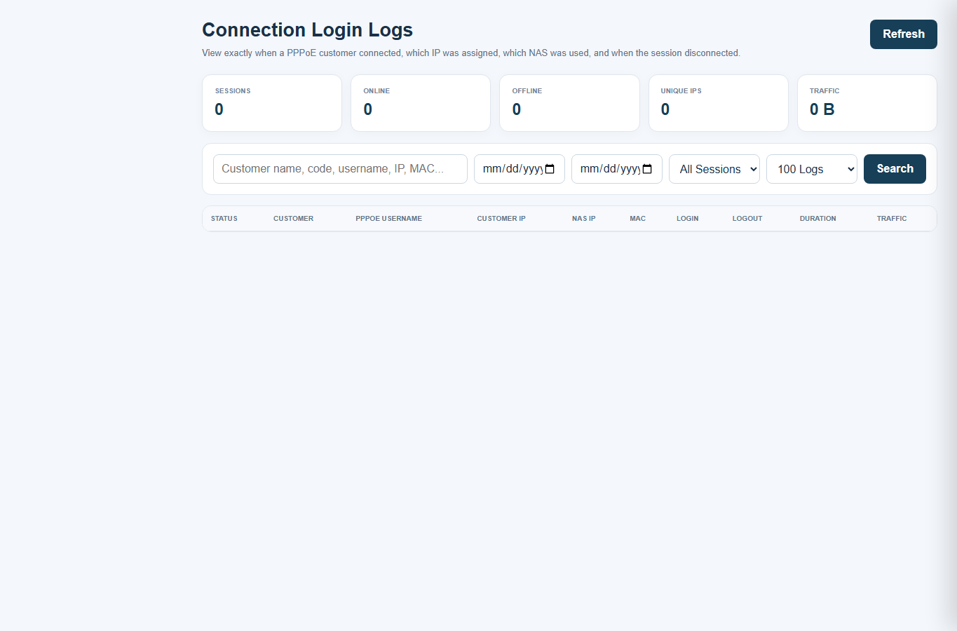 ISP360 Connection logs interface layout screenshot with scripts disabled and no live customer data