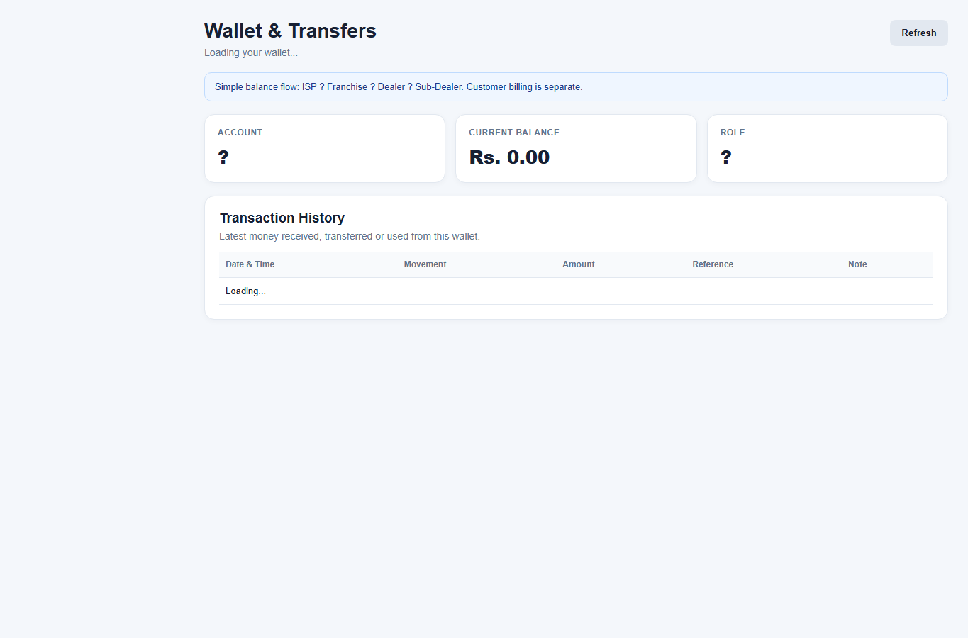 ISP360 Wallet and transfers interface layout screenshot with scripts disabled and no live customer data
